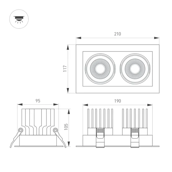 Фото #2 товара Светильник MS-VORTEX-BUILT-S210x117-2x20W Warm3000 (BK-BK, 20 deg, 230V) (Arlight, IP20 Металл, 5 лет)