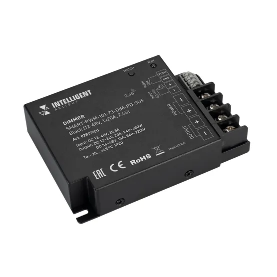 Фото товара INTELLIGENT ARLIGHT Диммер SMART-PWM-101-73-DIM-PD-SUF Black (12-48V, 1x20A, 2.4G) (IARL, IP20 Металл, 5 лет)